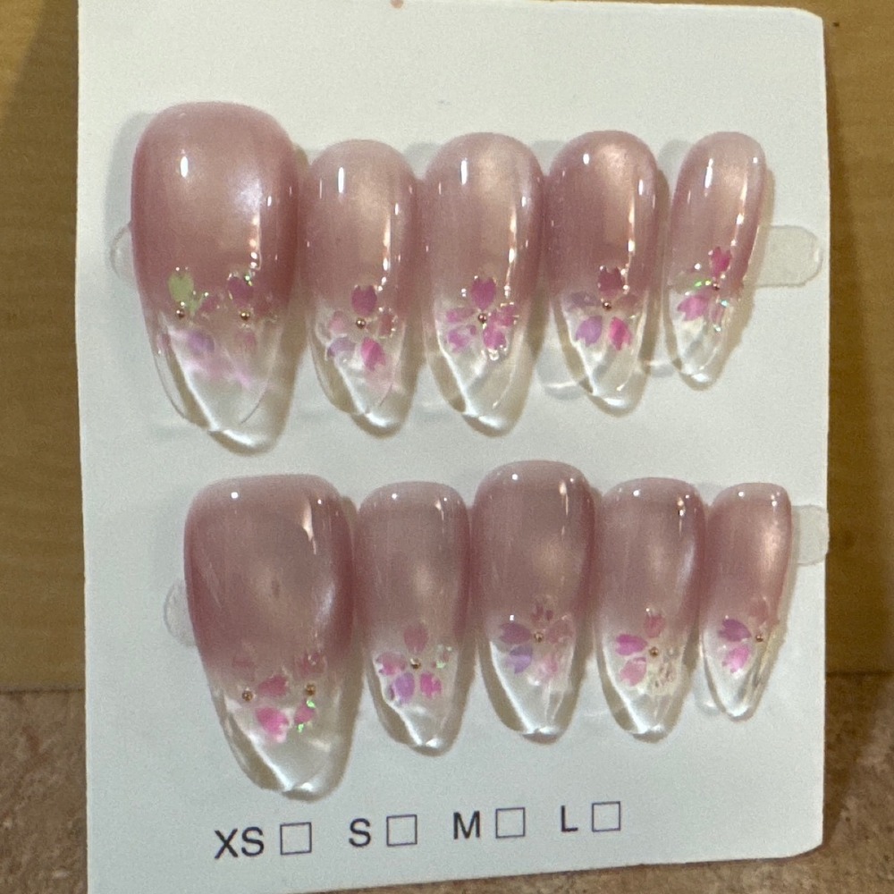 Pink Ombre Cherry Blossom Almond Press On Nails Floral Clear Tip Set 10pc
